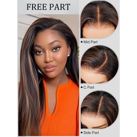 #1B/30 Ombre Brown Highlight Human Hair Kinky Straight Wigs 150% Density HD Invisible 13X6 Lace Front Wig with Baby Hair Bleached Knots Italian Yaki Lace Front Human Wigs Pre Plucked 14Inch