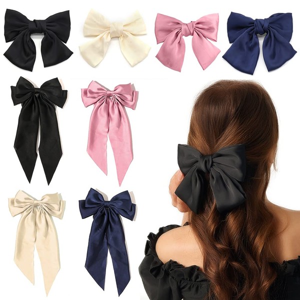 8 Pieces Big Bow Hair Clips French Hair Clip with Long Silky Satin Ribbon Solid Color Large Hair Bow Hairpins Bows Hair Clips Accessories for Women Girls Lolita