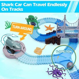 VATOS Shark Track Toy Set 183 Pcs for Boys & Girls 3-9 Years with Shark Racing Car, Ball, Starfish, Seahorse, Octopus, and More Ocean Theme