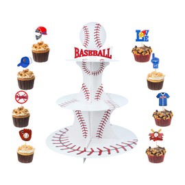 3 Tier Baseball Cupcake Stand with 24pcs Cupcake Toppers Baseball Theme Party Decor Birthday Cupcake Dessert Holder for Baby Shower Baseball Party Favors Sports Ball Themed