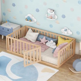 Harper & Bright Designs Twin Size Floor Bed with Safety Rails and Door, Wood Twin Floor Bed Frame for Girls Boys, Montessori Floor Bed Twin for Kids,Natural