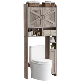 Homhedy Over The Toilet Storage Cabinet with 2 Barn Door and Toilet Paper Holder Stand, FreeStanding Toilet Shelf Space Saver Adjustable Bottom Bar, for Bathroom, Restroom, Laundry, Greige