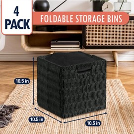 Ornavo Home Wicker Storage Cubes Bin, 10.5 Inch Storage Shelf Basket Collapsible Natural Hand Woven Paper Storage Cube Bin with Handles - Set of 4, Black