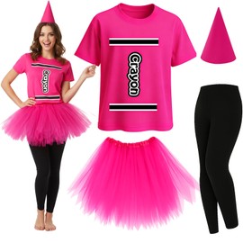 Mepase 4 Pcs Crayon Costume Set Crayon T Shirt Tutu Skirt Gnome Cone Hat Leggings for Women Group Team Outfit(Rose Red,M)