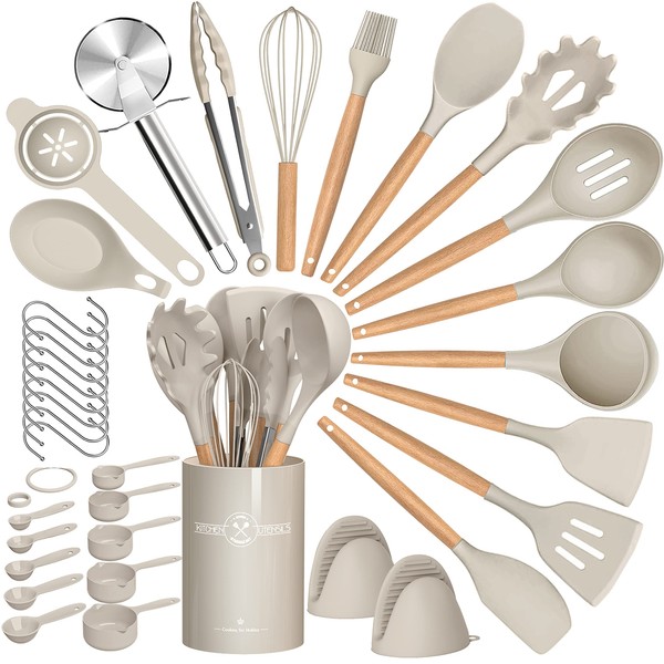 Umite Chef 36pcs Silicone Kitchen Cooking Utensils with Holder, Heat Resistant Cooking Utensils Sets Wooden Handle, Khaki Nonstick Kitchen Gadgets Tools Include Spatula Spoons Turner Pizza Cutter