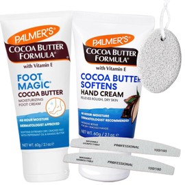 Pearls & Flowers® Hand & Foot Care Set –Palmers Cocoa Butter Hand Cream + Foot Magic Cream + Nail File & Pumice Stone | Cracked Heel & Dry Hand Repair Kit | Soft Smooth Skin Moisturising Bundle