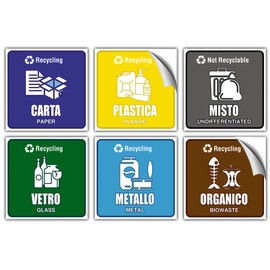 EVM Set of 6 Soft PVC Stickers Waterproof Washable for Waste Separation Recycling Italian and English (10 x 10 cm)