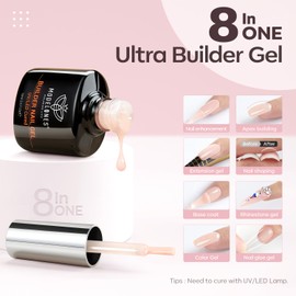modelones Builder Nail Gel, 8-in-One Cover Nude Gel Builder, LED Nail Lamp Cured Hard Gel Builder for Nail Thickening Nail Strengthener Extension Gel Rubber Base Gel Polish Glue Gel in a Bottle