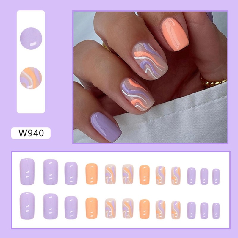 MIXFOSAHN Press on Nails Medium Square Fake Nails Purple Orange