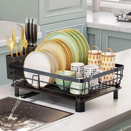Dish Drying Rack for Kitchen with Adjustable Spout Utensil Holder Knife Slots dishdryerrack - Color: Black