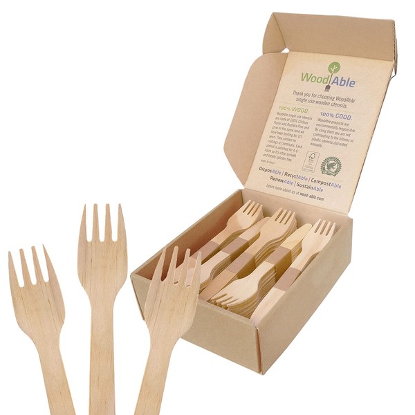WOODABLE Disposable & Backyard Compostable Wooden Forks, Eco-Friendly, Sustainable, Organic, Biodegradable, Vegan-Friendly, 100 Count