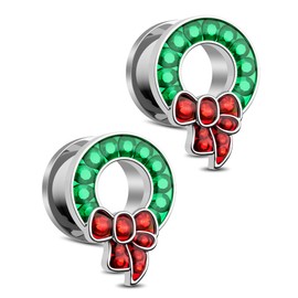 Jewseen Christmas Ear Gauges Wreath Ear Tunnels 2G-5/8’’ Ear Plugs Surgical Steel Tunnels for Ear Double Flared Gauges Stretching Screw Fit Tunnels for Women Men