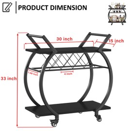 LVB Black Wine Cart with Wheels, Modern Bar Cart with Wine Rack, Industrial Beverage Rolling Kitchen Serving Cart with Storage, Metal Wooden Microwave Drink Liquor Cart for Home Dining Room, Black Oak