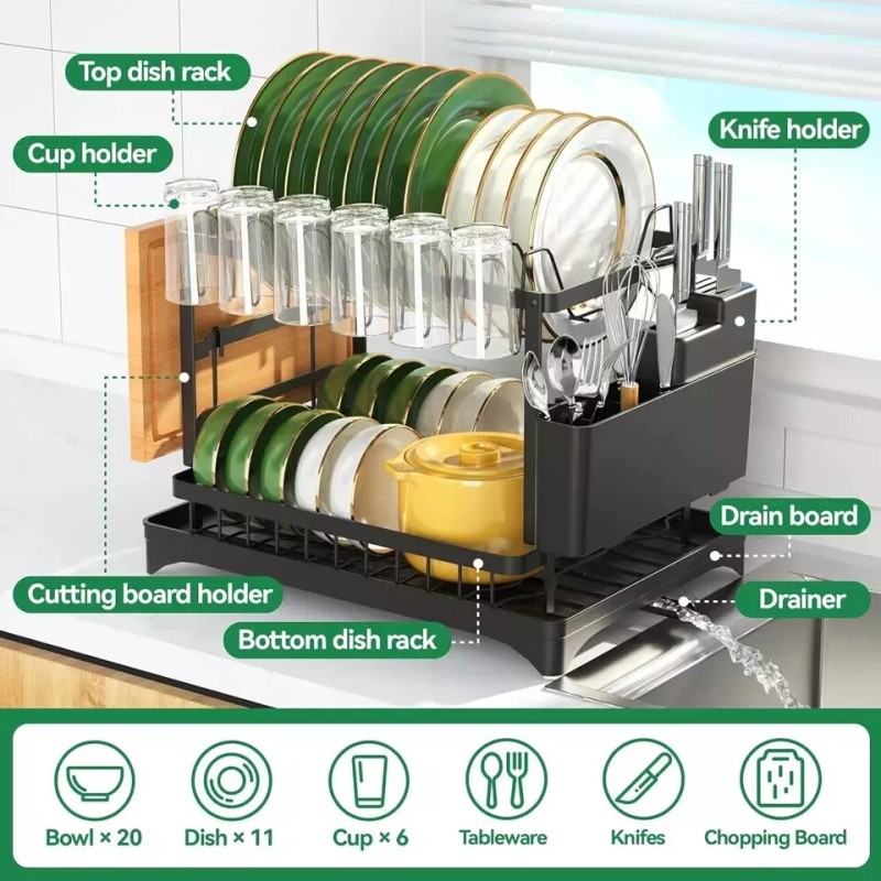 AIDERLY 2 Tier Dish Drainer Rack with Drip Tray Cutlery