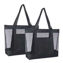 2Pack Lightweight Mesh Tote Bag,Sandproof Beach Bags with Zipper &Double Pocket For Groceries,Poolside,Travel,Toys,Towels (Black)