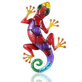 LSLANSOON 16.9 inch Metal Gecko Wall Decor, Wall Mounted Lizard Hanging Decoration for Home Garden Front Door (Red)