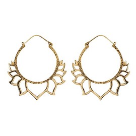 81stgeneration Women's Gold Tone Brass 50 mm Large Tribal Ethnic Cut Out Lotus Flower Hoop Earrings