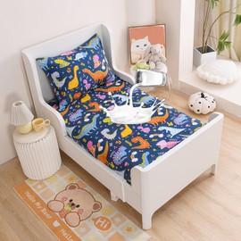 KWLOVER Bed Fitted Sheet and Pillowcases Set,TPU Waterproof Mattress Protector,Dino Printed Bed Sheets for Kids (Navy Blue, Twin)