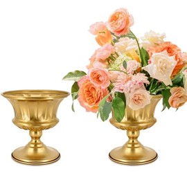 Jarrón dorado para centros de mesa, tazón de compota: jarrón de pedestal de boda de 5.9 pulgadas, urna de flores de metal para mesa, fiesta, decoración del hogar, juego de 2