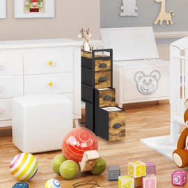 LASZOLA 4 Drawer Narrow Dresser Slim Cabinet Skinny Storage Tower Chest, Ideal for Small Spaces Bathroom Bedroom, Between Washer and Dryer, Lightweight Mobile on Wheels, Sturdy Fabric Drawers, Brown