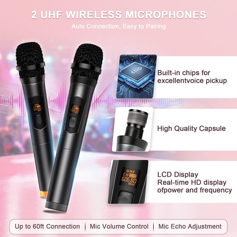 Bluetooth Karaoke Machine, Portable Karaoke with 2 Wireless Microphones, Karaoke