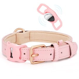 WHIPPY Airtag Leather Dog Collar GPS Tracker Air Tag Puppy Collar Adjustable Soft Leather Padded Dog Collar with Airtag Holder Case for Small Medium Large Dog Pet Backpack,Pink,XS