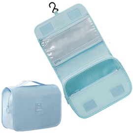 Hanging Toiletry Bag, Travel Wash Bag for Women Portable Folding Cosmetic Organizer Large Capacity Girls Makeup Bag Waterproof Shower Bag with Separate Compartment (Light Blue)