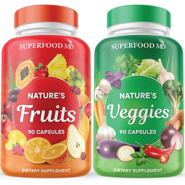 Superfood MD Fruits and Veggies Supplement - 90 Fruit and 90 Veggie Capsules - Supports Energy Balance, High Lycopene, Vitamins & Minerals -Made in The USA - 90 Count (Pack of 2)