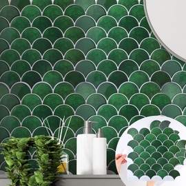 Nuanchu 5 Sheets Fish Scale Backsplash 12''x12'' 3D Scaollped Peel and Stick Green Tile Stickers for Kitchen Bathroom Wall Waterproof Removable Back Splash Stick on Tiles for Laundry Room