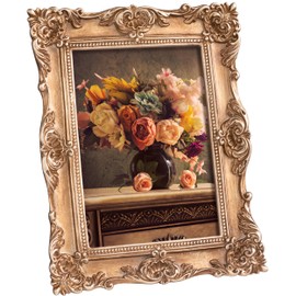 eletecpro 5x7 Vintage Picture Frame with Real Glass Cover, Ornate Antique Photo Frame, Display 5x7 Picture for Tabletop or Wall Hanging Horizontal & Vertical, Gold Home Decor for Gallery Art