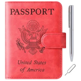 Passport Holder Cover Wallet Travel Essentials Leather Rfid Blocking Case Vacation Luggage Must Haves Travel Accessories for Men Women (120#Red)