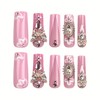 Long Press Pink False Nails with Rhinestones Design: Glue on,