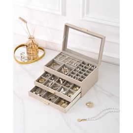 BIQI MUSSE 3-Layer Jewelry Box, Clear Lid Jewelry Organizer with 2 Drawers for Necklace Earrings Rings Bracelet Storage, Jewelry Display Box for Women, Beige