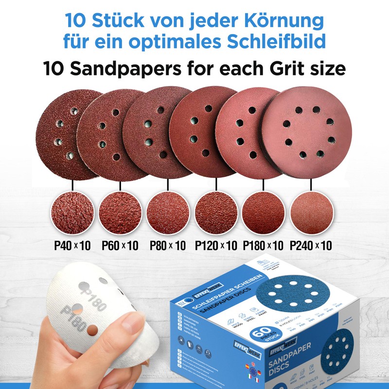 EffektWerk Sanding Discs (60 Pack, 8 Holes) 125mm Multi Grit