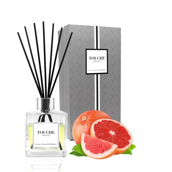 Touche Luxury Natural Reed Diffuser. Long Lasting Scented Home Fragrance. Natural Essential Oil Alcohol-Free. 4.75 OZ. Glass Bottle (Grapefruit & Basil - Clear Bottle)