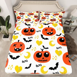 Feelyou - Juego de sábanas para decoración de Halloween para niños, tamaño queen, diseño de calabaza de dibujos animados, Kawaii, juego de ropa de cama para niños pequeños, adolescentes, niños,