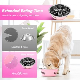 Focxoio 2-in-1 Stainless Steel Slow Feeder Dog Bowl,Silicone Slow Feeder Insert for Dog Bowl with Anti-Slip Base,Natural Rubber Tire Chew Toy(Pink,Medium)