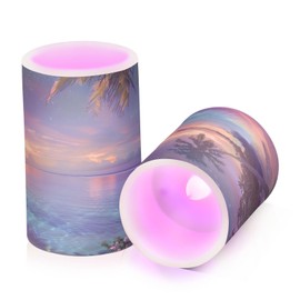 A Blue-green Lagoon under Blue-green Sea Water with White Beaches and Palm Trees Tropical Flowers Flickering Flameless Candles Battery Operated with Remote Timer,Tea Light Candles LED Pillar Votive