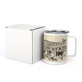 Lunarable Italy 10 Oz Steel Mug, Street of Florence Vintage Style Sketch Urban View Travel Europe Antique, Vacuum Insulated Leak-resistant Cup for Outdoor Hiking and Picnics, Beige Taupe