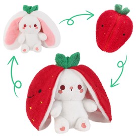 Emoin Rabbit Plush Strawberry, Rabbit, Transformation Toy, Animal, Cute, Huggable Pillow, Strawberry to Rabbit, Charming Plush Toy, Large Pillow, Height 9.8 inches (25 cm), Rabbit Toy, Children's
