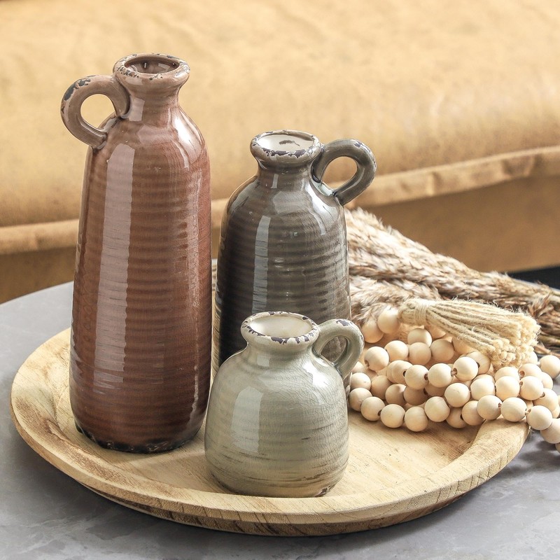 Ceramic Vases Set of 3, Neutral Rustic Farmhouse Vase with