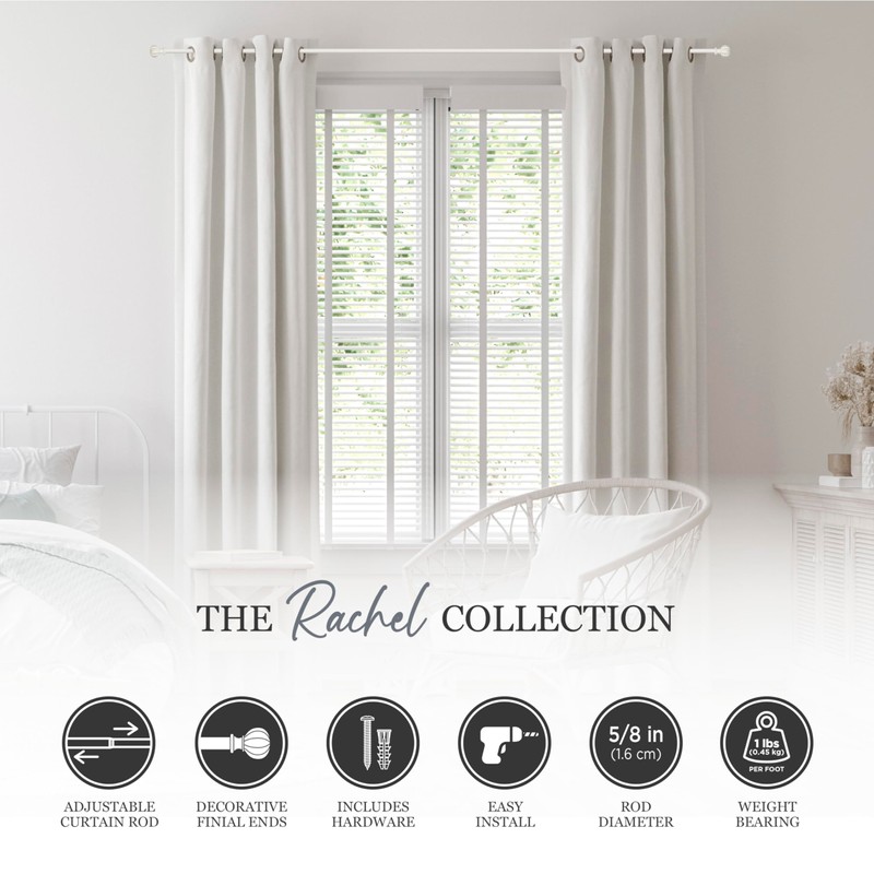Kenney Rachel Fluted Ball Window Curtain Rod, Adjustable 28-48 Inch,