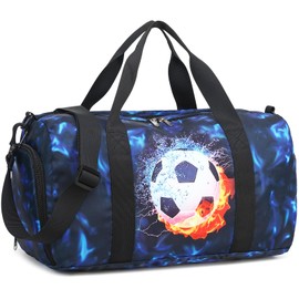 Kids Duffle Bag Boys Girls Overnight Travel Sport Gym Bag Weekender Carry On Shoulder Bag with Shoe Compartment & Wet Pocket (Soccer Black Blue)