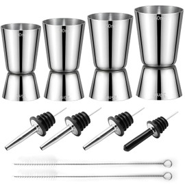 Cocktail Jigger Measuring Cup Stainless Steel Bar Measure 3cl/4cl/5cl/6cl Gin Measuring Cups Set Small Double Size Jigger with 4 Bottle Pourers 3 Brush Accessories for the Bartender