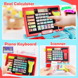 Meaicezli 70Pcs Toy Cash Register for Kids Ages 4-8 with Scanner & Shopping Cart, Pretend Play Cash Register Playset for Girls Boys Toddler Grocery Store Set Christmas Girls for 3+ 4 5 6 7 8 Year Old