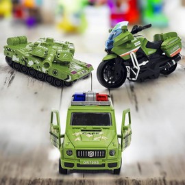 Universal Friction Power Military Toys - 3-Piece Set with Tank, Armored Car, Motorbike - Safe, Non-Toxic, Role-Playing Vehicles for Children