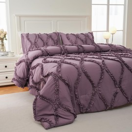 Bedbay Purple Comforter Queen Size 3 Pieces Ruffled Comforter Set Soft Washed Microfiber Bedding Country Farmhouse Bedding Sets for All Season(Purple,Queen)