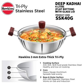 Hawkins 4 Litre Deep Kadhai, Triply Stainless Steel Kadai with Glass Lid, Flat Bottom Induction Kadhai, Big Kadai, Silver (SSK40G)