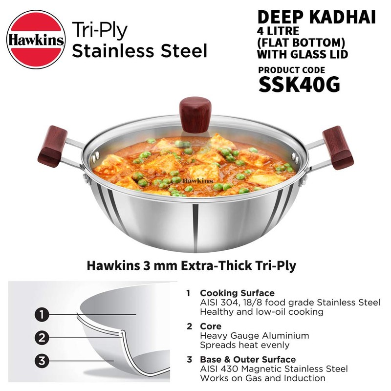 Hawkins 4 Litre Deep Kadhai, Triply Stainless Steel Kadai with
