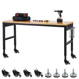 Adjustable Height Workbench 60" x 22", Heavy Duty 2000 Lbs Capacity Garage Worktable with Locking Wheels Power Outlet Industrial Grade for Workshop, Office Home Commercial Use